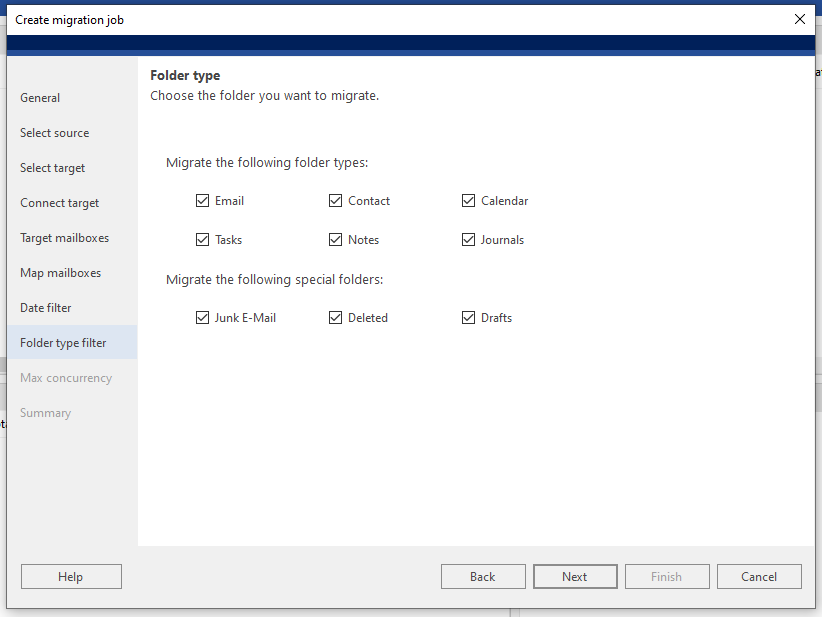 select mailbox folders to migrate 